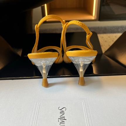 YSL 26S HEELED SLINGBACKS 60 MM IN MUSTARD YELLOW LAMBSKIN AND BEIGE MESH