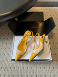 YSL 26S HEELED SLINGBACKS 60 MM IN MUSTARD YELLOW LAMBSKIN AND BEIGE MESH