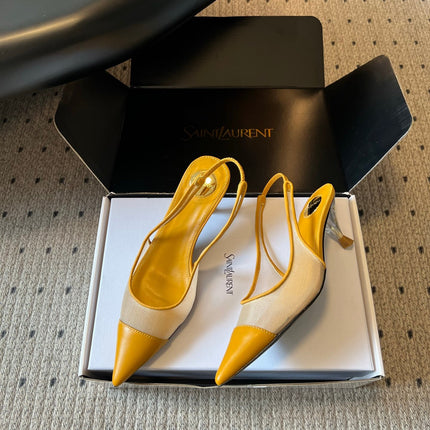 YSL 26S HEELED SLINGBACKS 60 MM IN MUSTARD YELLOW LAMBSKIN AND BEIGE MESH