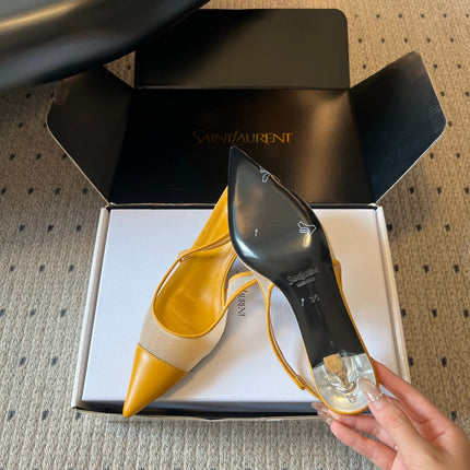 YSL 26S HEELED SLINGBACKS 60 MM IN MUSTARD YELLOW LAMBSKIN AND BEIGE MESH