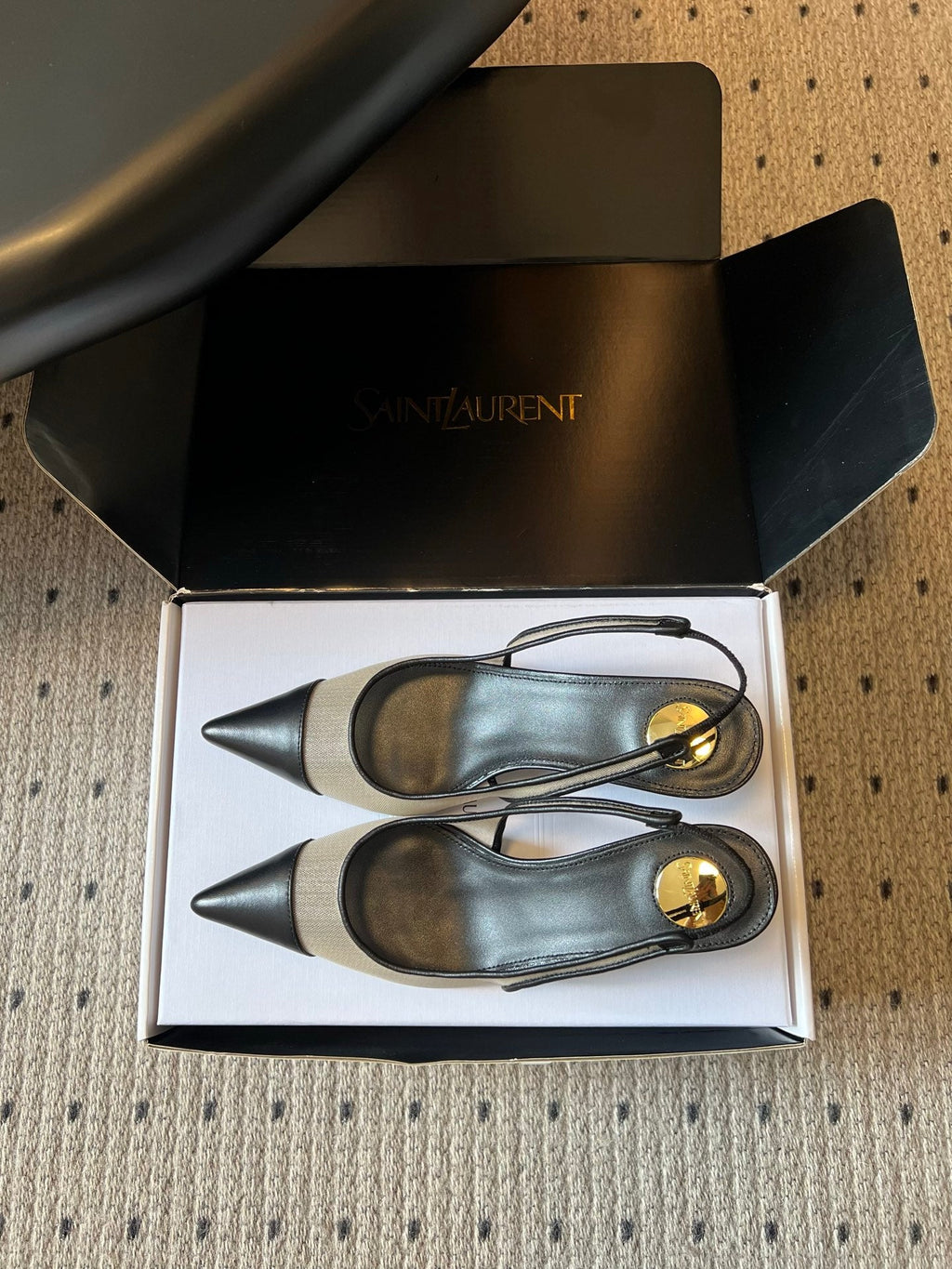 YSL 26S HEELED SLINGBACKS 60 MM IN BLACK LAMBSKIN AND BEIGE MESH