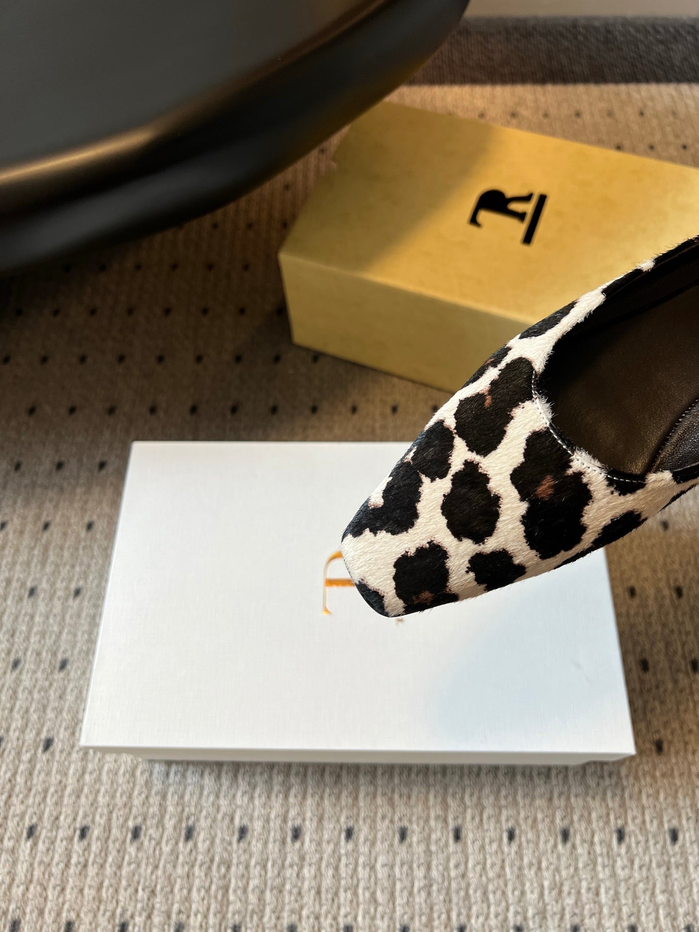 THE ROW 26S SQUARE TOE BACKLESS SLIDES IN WHITE COW PRINT CALF HAIR