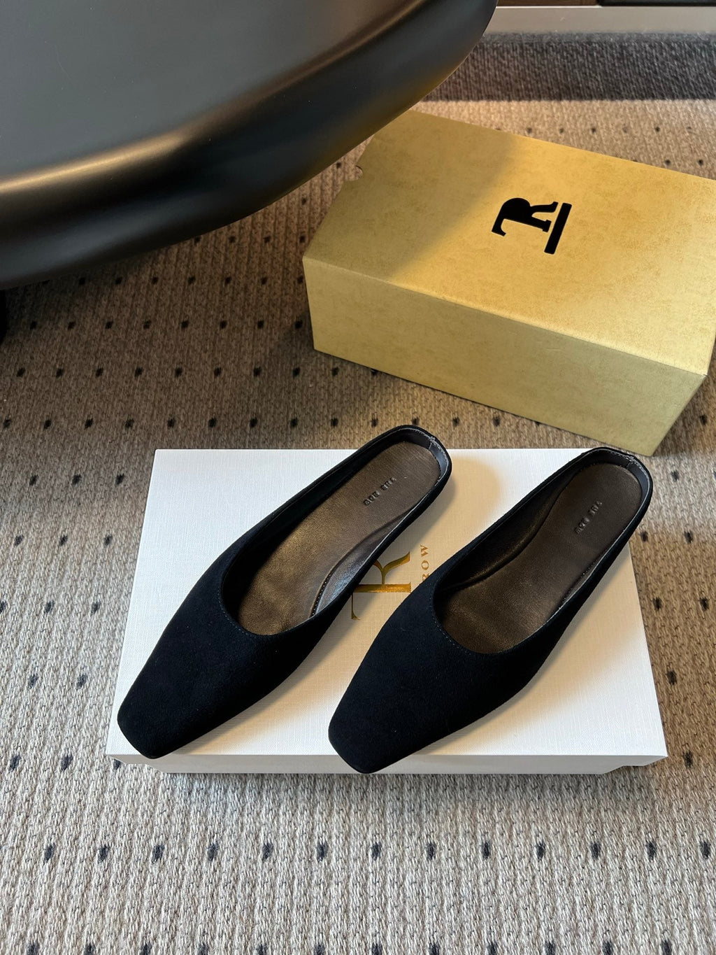 THE ROW 26S SQUARE TOE BACKLESS SLIDES IN BLACK CALF HAIR