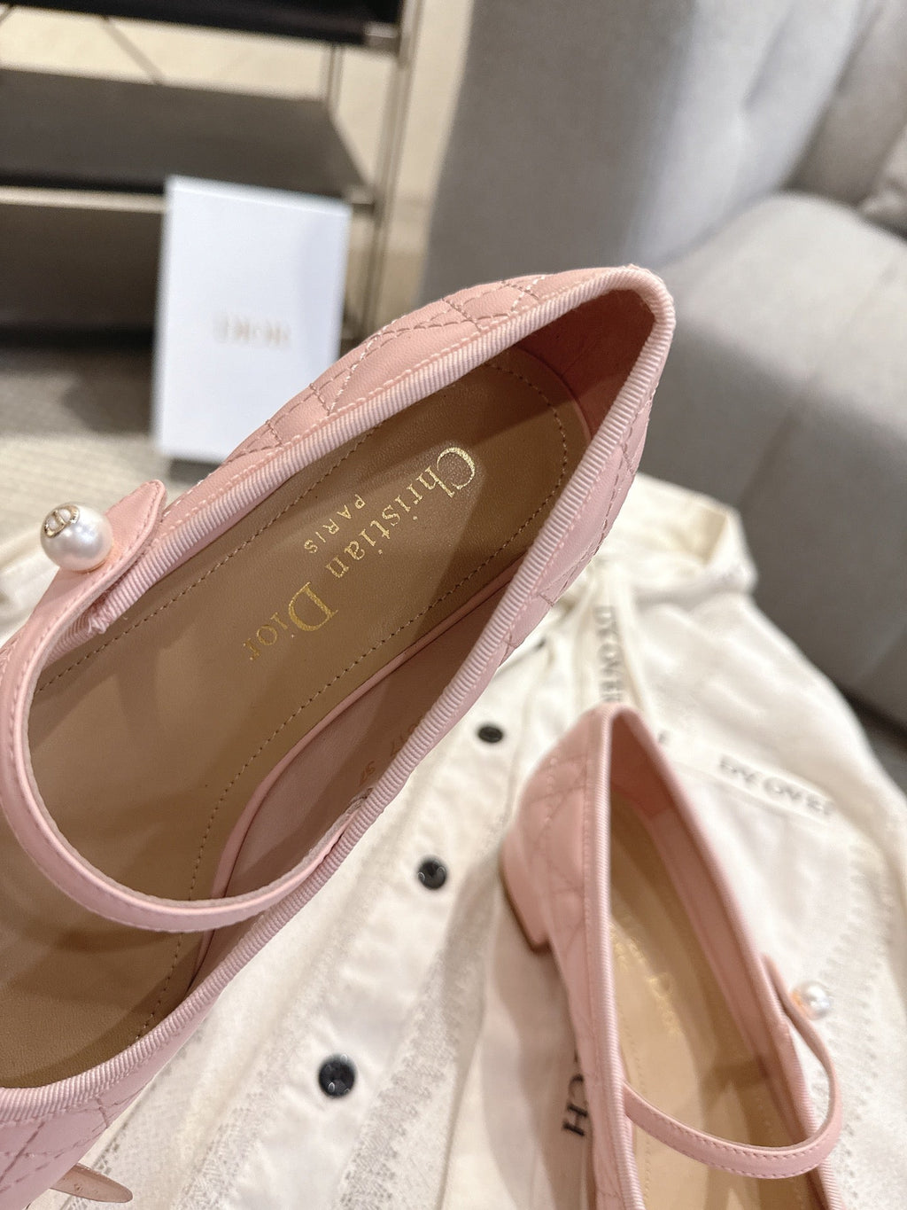 DIOR 26S MARY JANE PUMPS IN LIGHT PINK LAMBSKIN PEARL-ADORNED STRAP