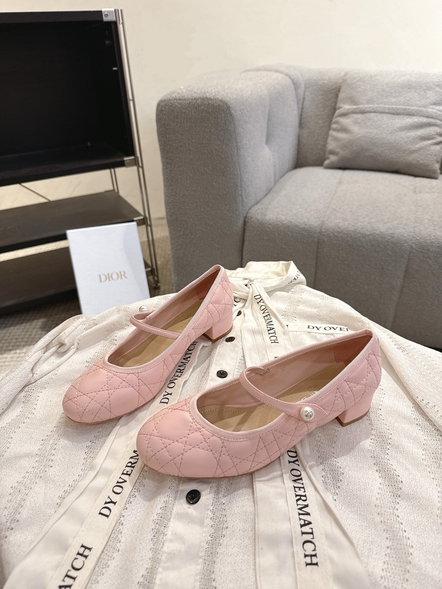DIOR 26S MARY JANE PUMPS IN LIGHT PINK LAMBSKIN PEARL-ADORNED STRAP