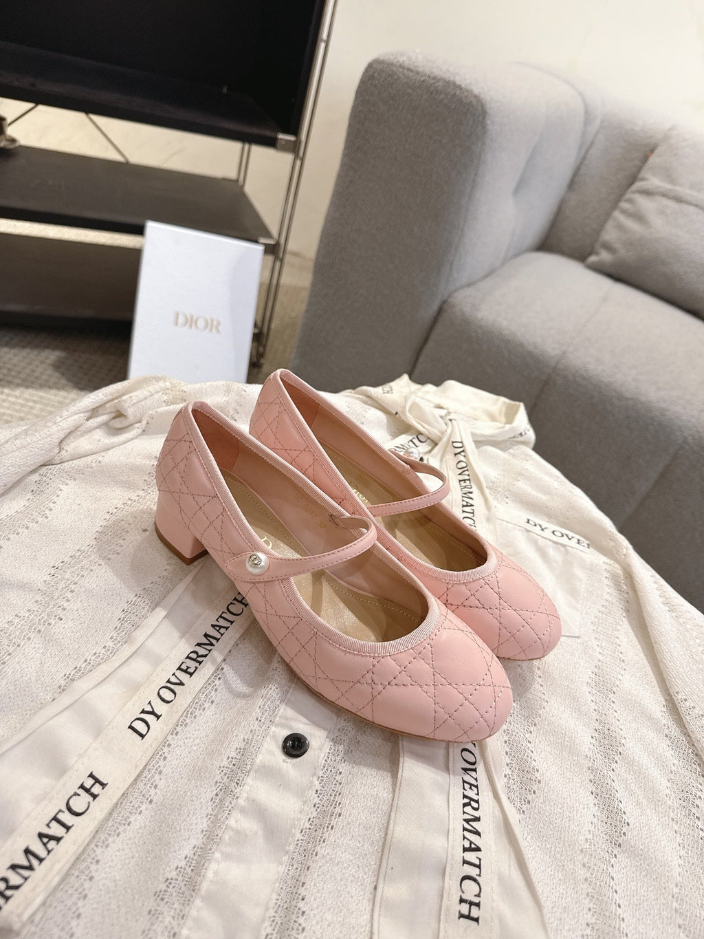 DIOR 26S MARY JANE PUMPS IN LIGHT PINK LAMBSKIN PEARL-ADORNED STRAP