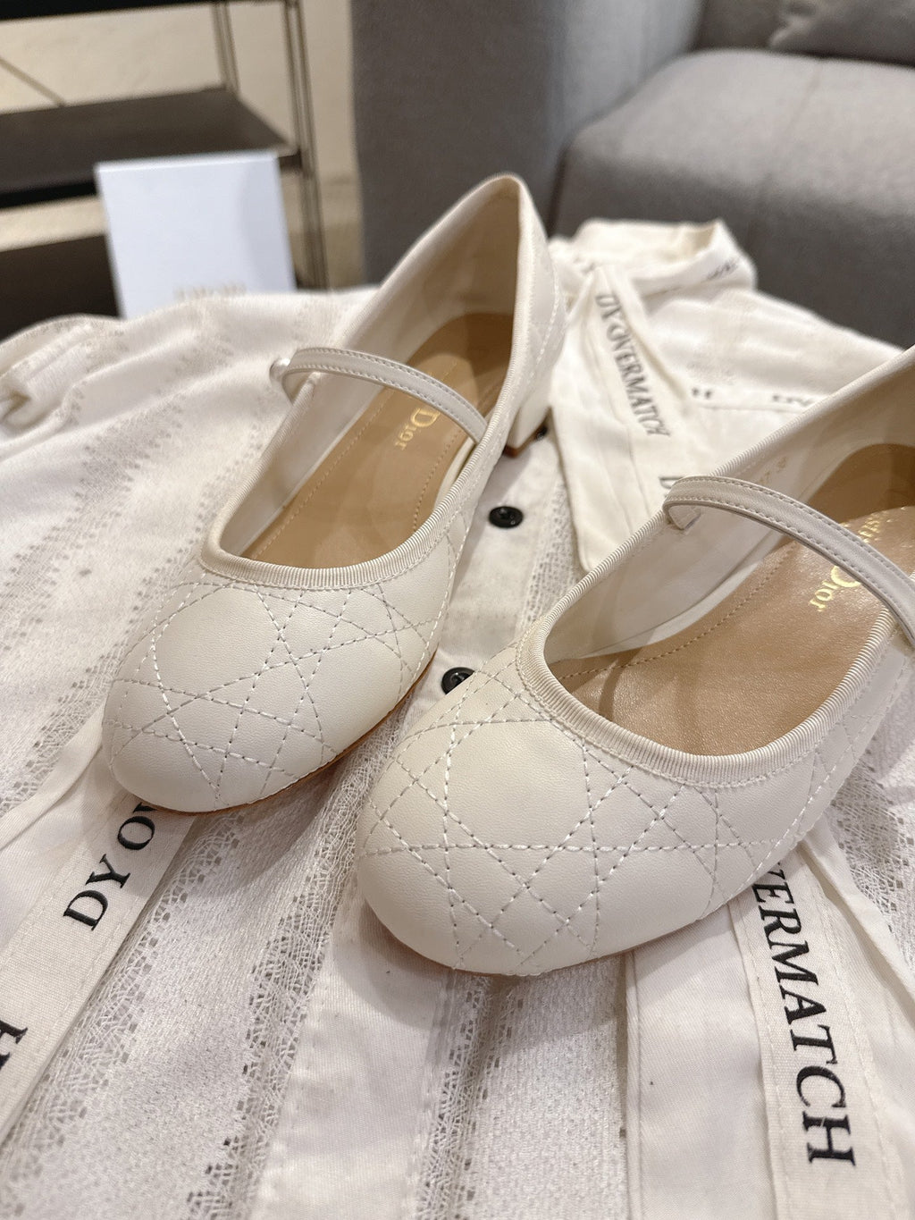 DIOR 26S MARY JANE PUMPS IN CREAM WHITE LAMBSKIN PEARL-ADORNED STRAP