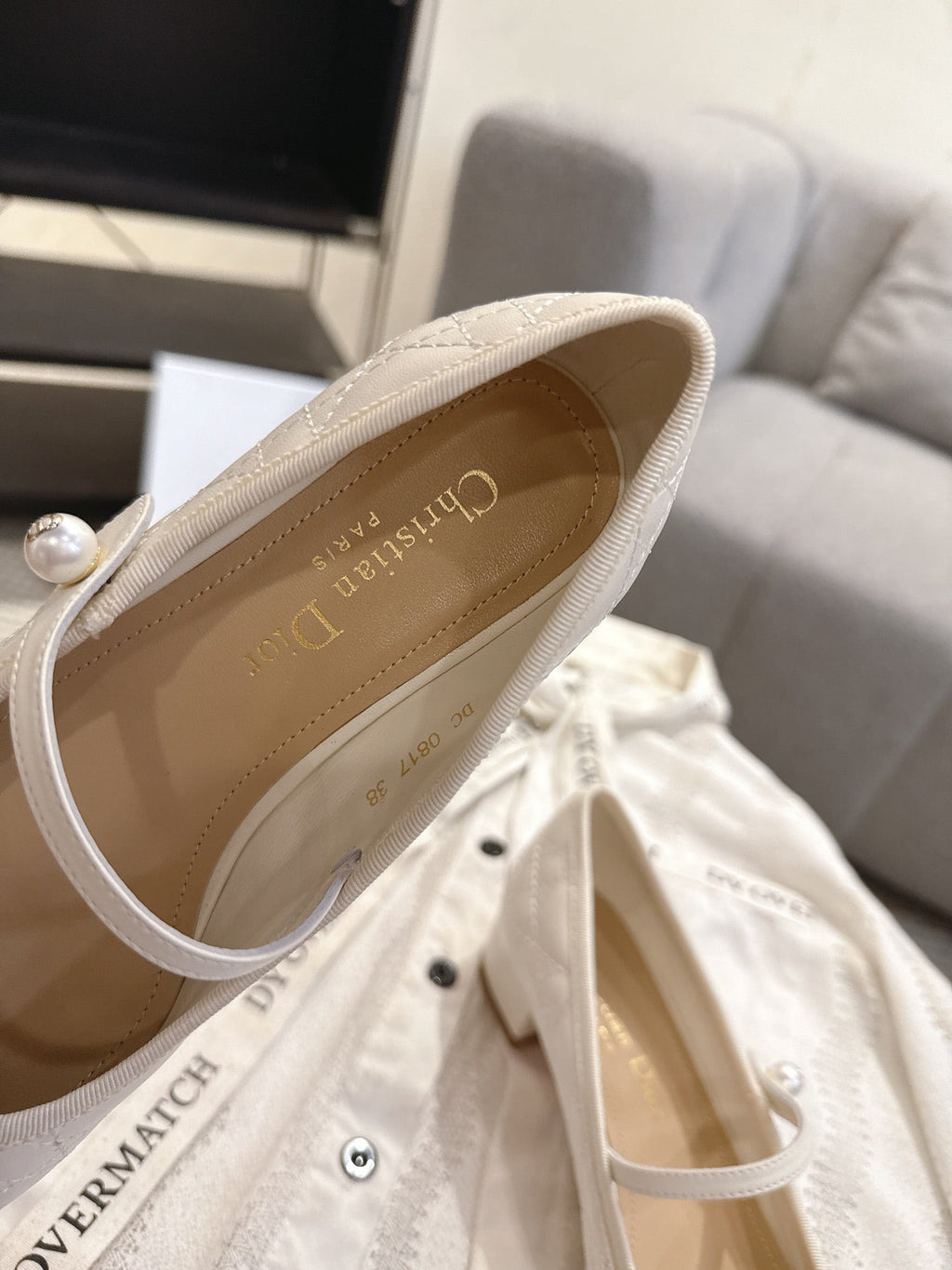 DIOR 26S MARY JANE PUMPS IN CREAM WHITE LAMBSKIN PEARL-ADORNED STRAP