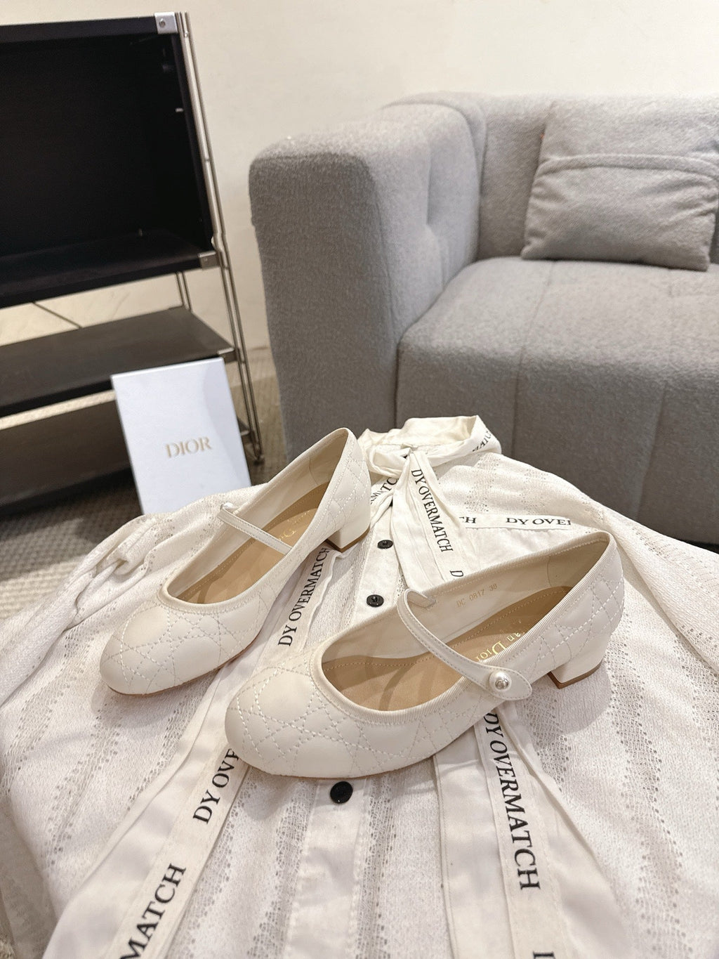 DIOR 26S MARY JANE PUMPS IN CREAM WHITE LAMBSKIN PEARL-ADORNED STRAP