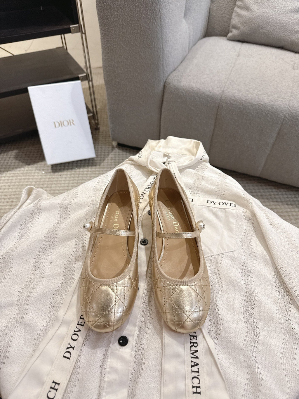 DIOR 26S MARY JANE PUMPS IN GOLD LAMBSKIN PEARL-ADORNED STRAP
