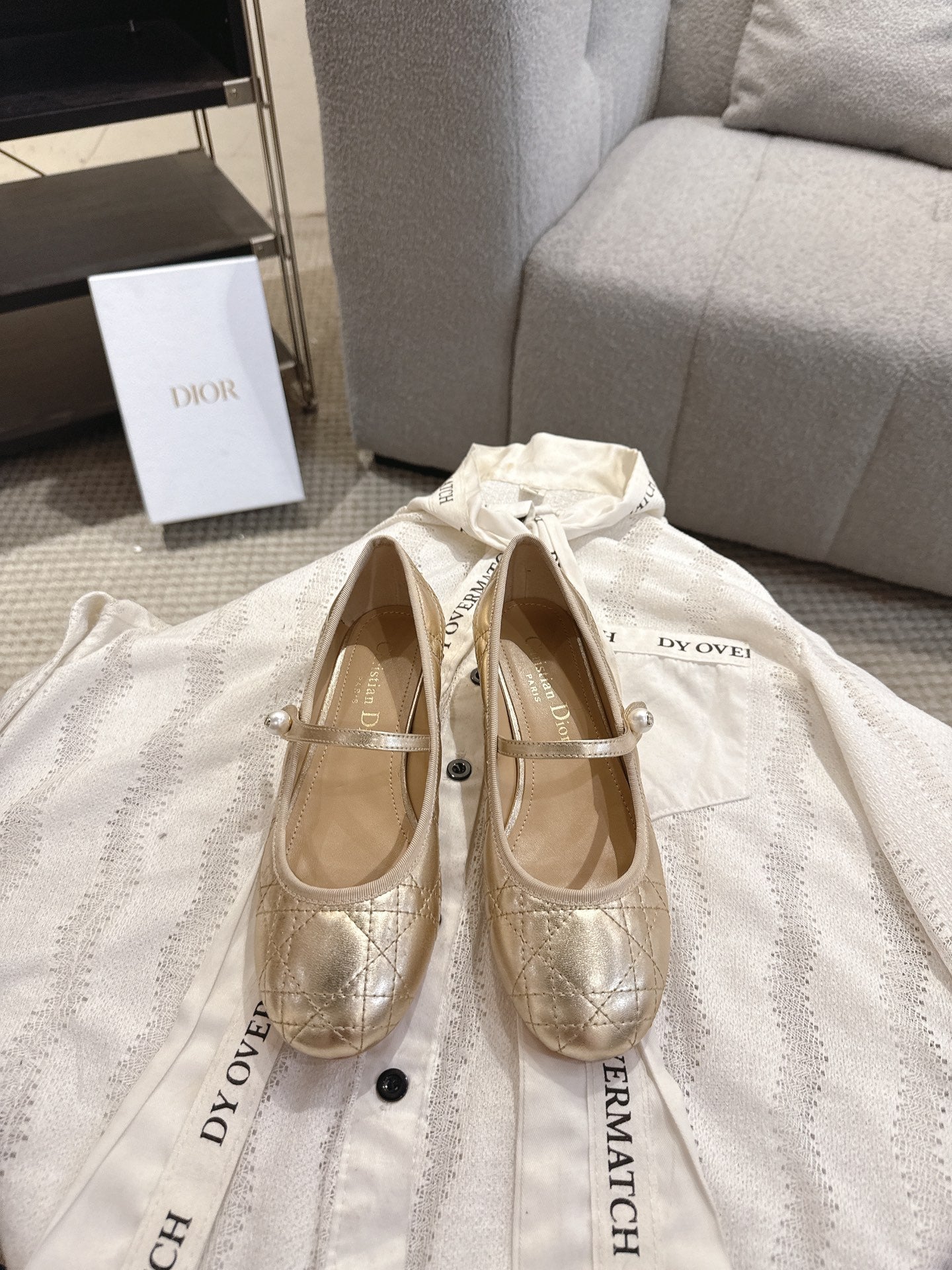 DIOR 26S MARY JANE PUMPS IN GOLD LAMBSKIN PEARL-ADORNED STRAP