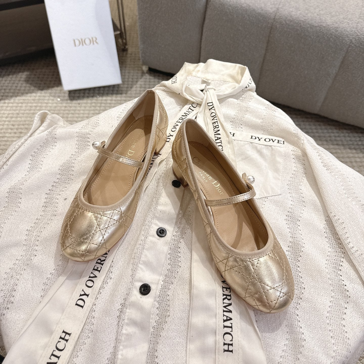 DIOR 26S MARY JANE PUMPS IN GOLD LAMBSKIN PEARL-ADORNED STRAP