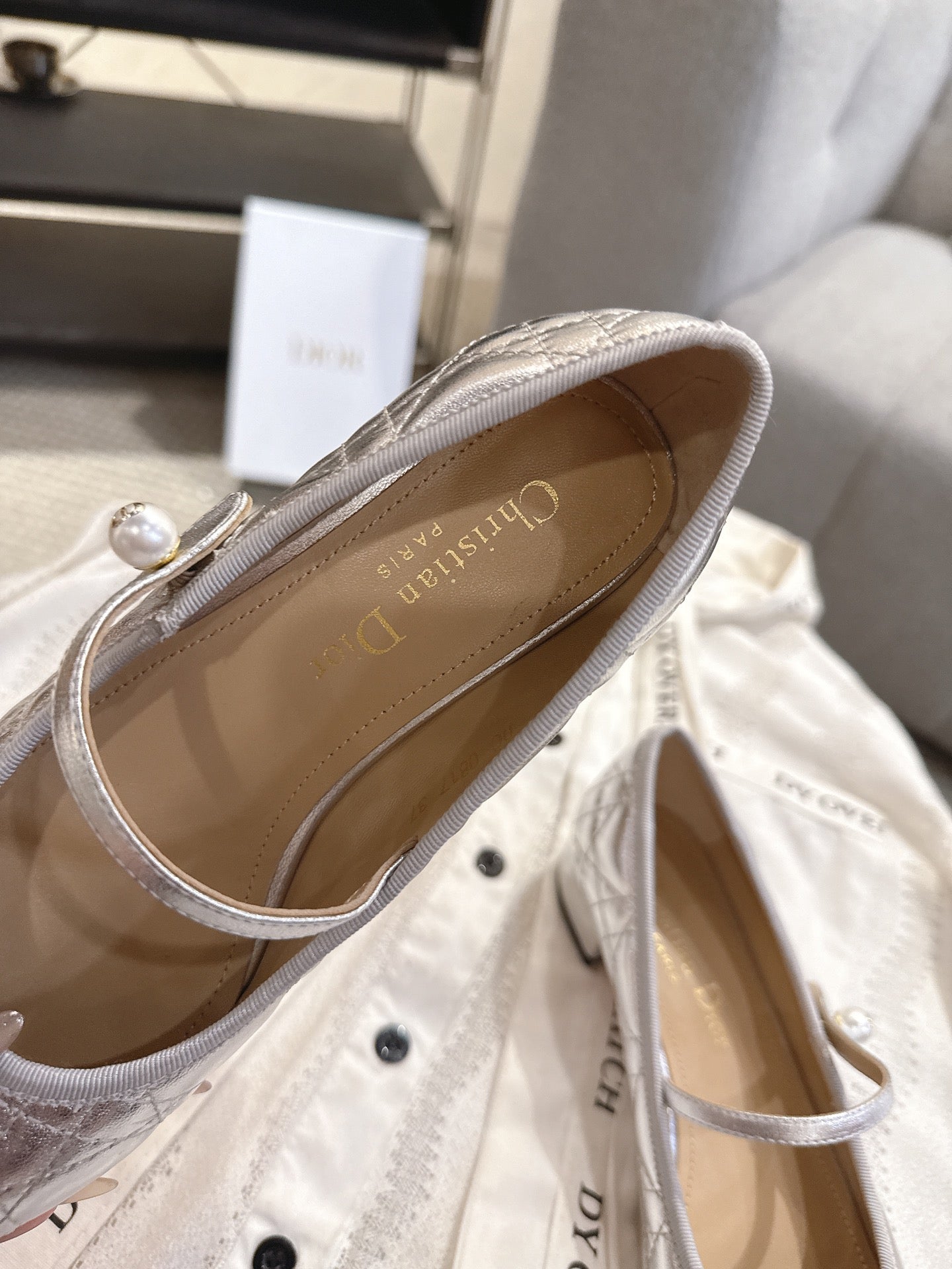 DIOR 26S MARY JANE PUMPS IN SILVER LAMBSKIN PEARL-ADORNED STRAP