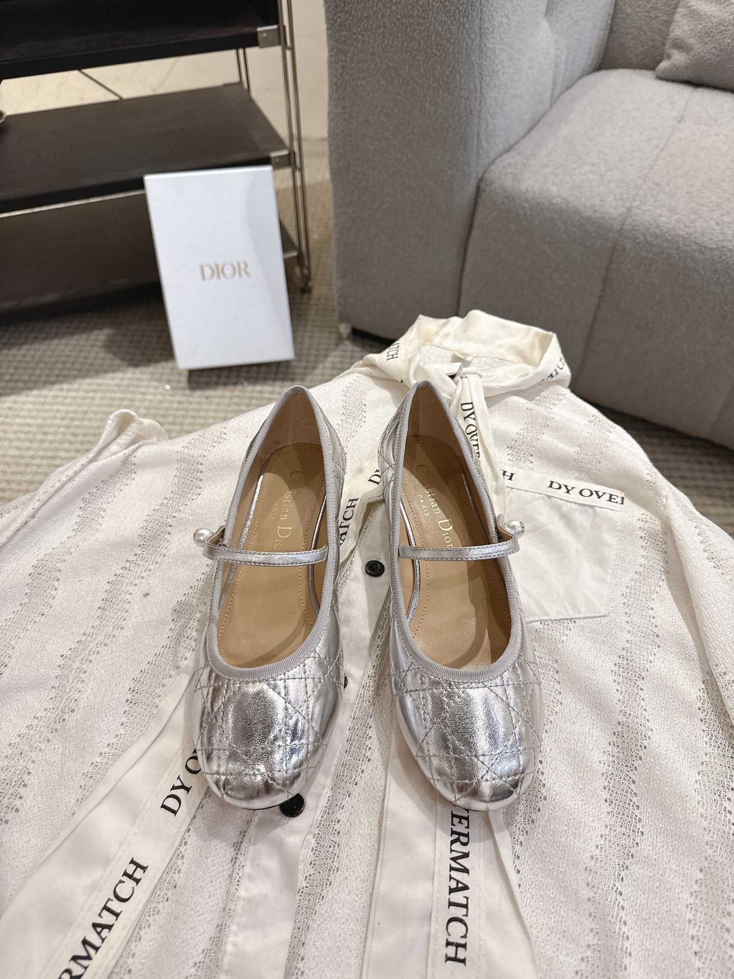 DIOR 26S MARY JANE PUMPS IN SILVER LAMBSKIN PEARL-ADORNED STRAP