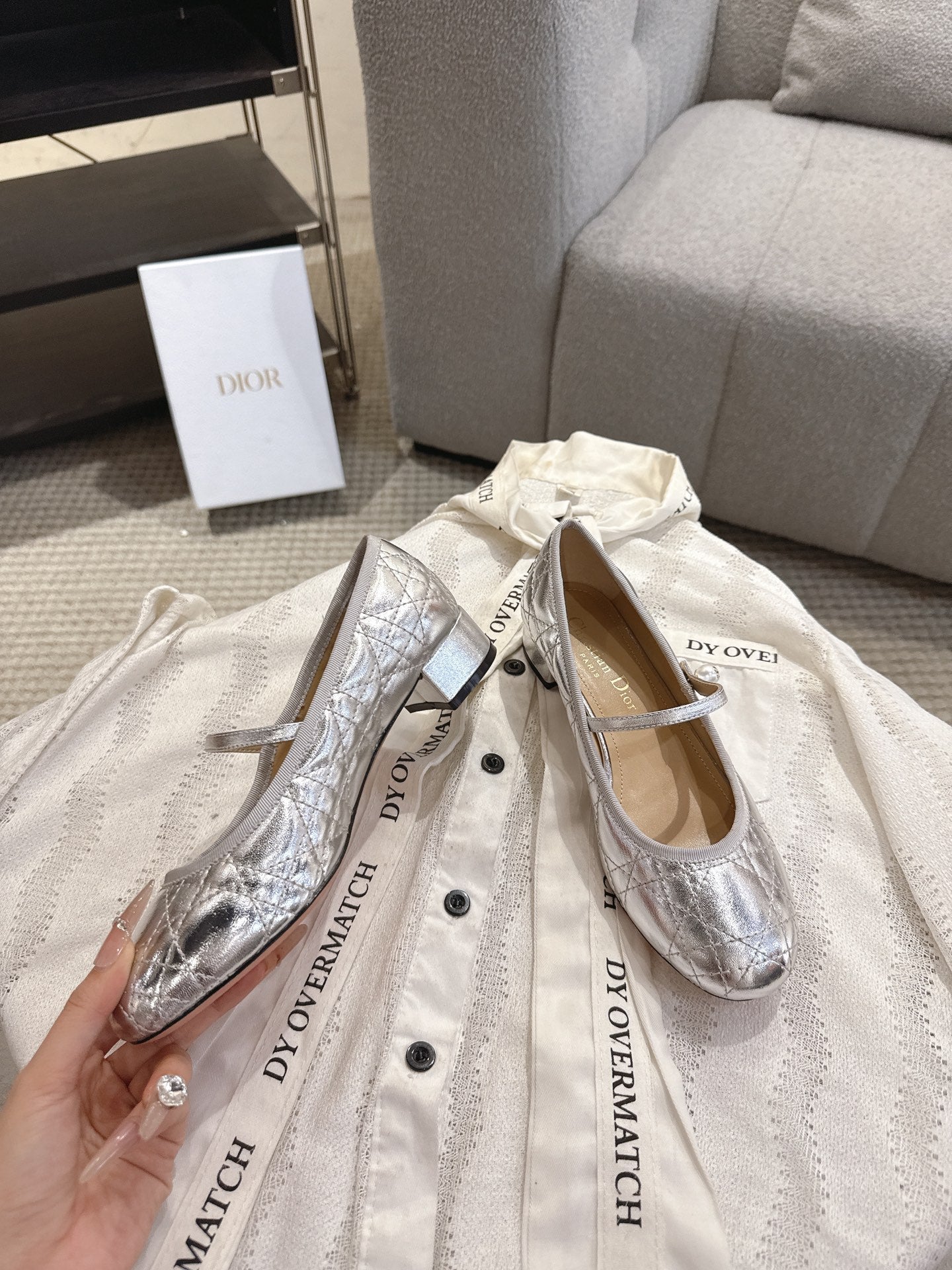 DIOR 26S MARY JANE PUMPS IN SILVER LAMBSKIN PEARL-ADORNED STRAP