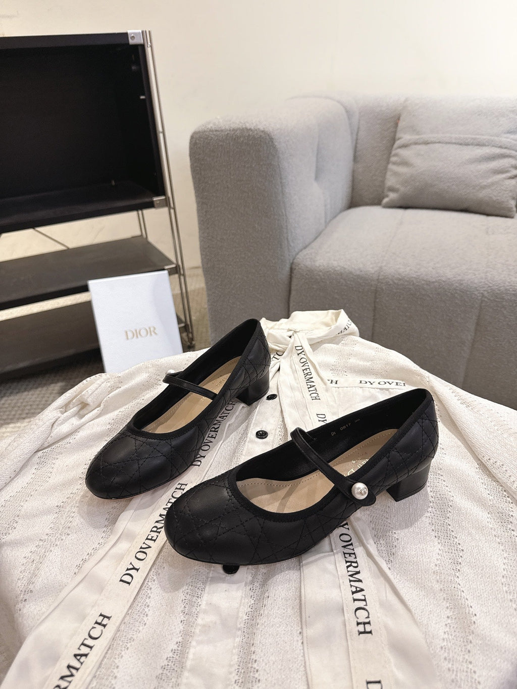 DIOR 26S MARY JANE PUMPS IN BLACK LAMBSKIN PEARL-ADORNED STRAP