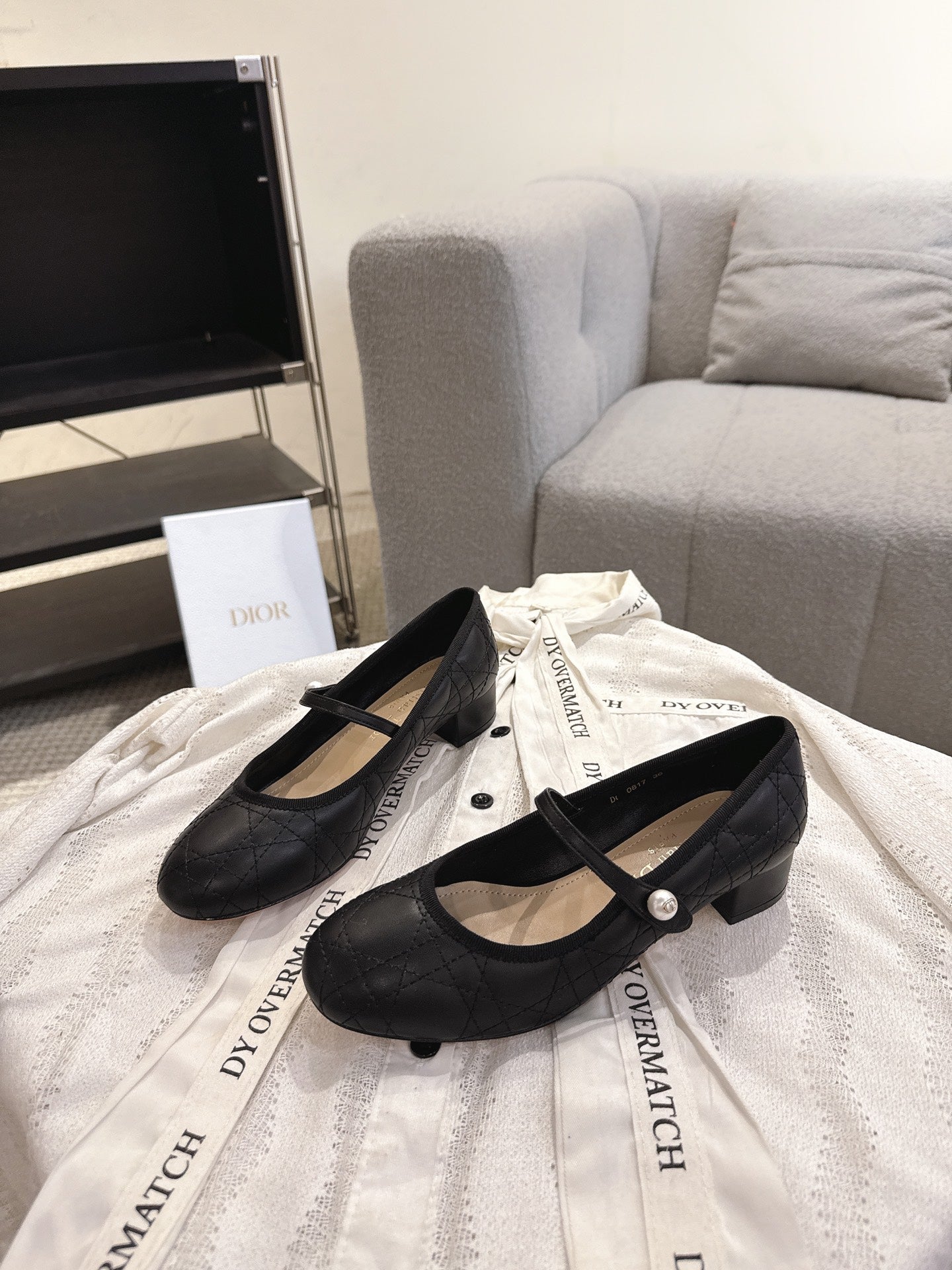 DIOR 26S MARY JANE PUMPS IN BLACK LAMBSKIN PEARL-ADORNED STRAP