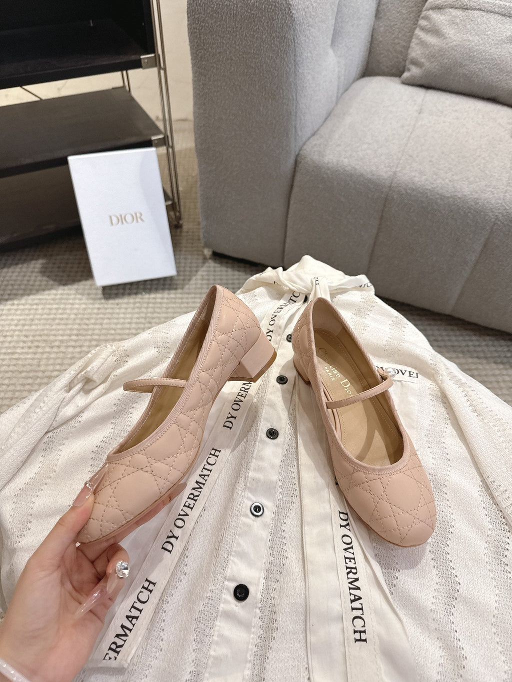 DIOR 26S MARY JANE PUMPS IN NUDE LAMBSKIN PEARL-ADORNED STRAP