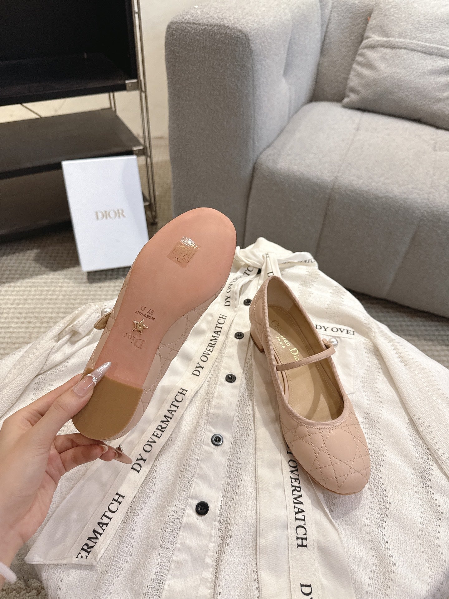 DIOR 26S MARY JANE PUMPS IN NUDE LAMBSKIN PEARL-ADORNED STRAP