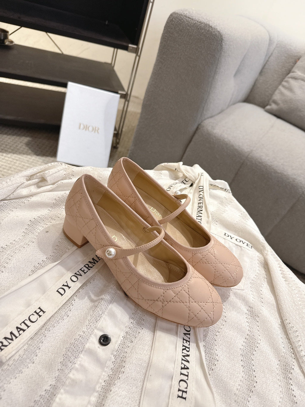 DIOR 26S MARY JANE PUMPS IN NUDE LAMBSKIN PEARL-ADORNED STRAP