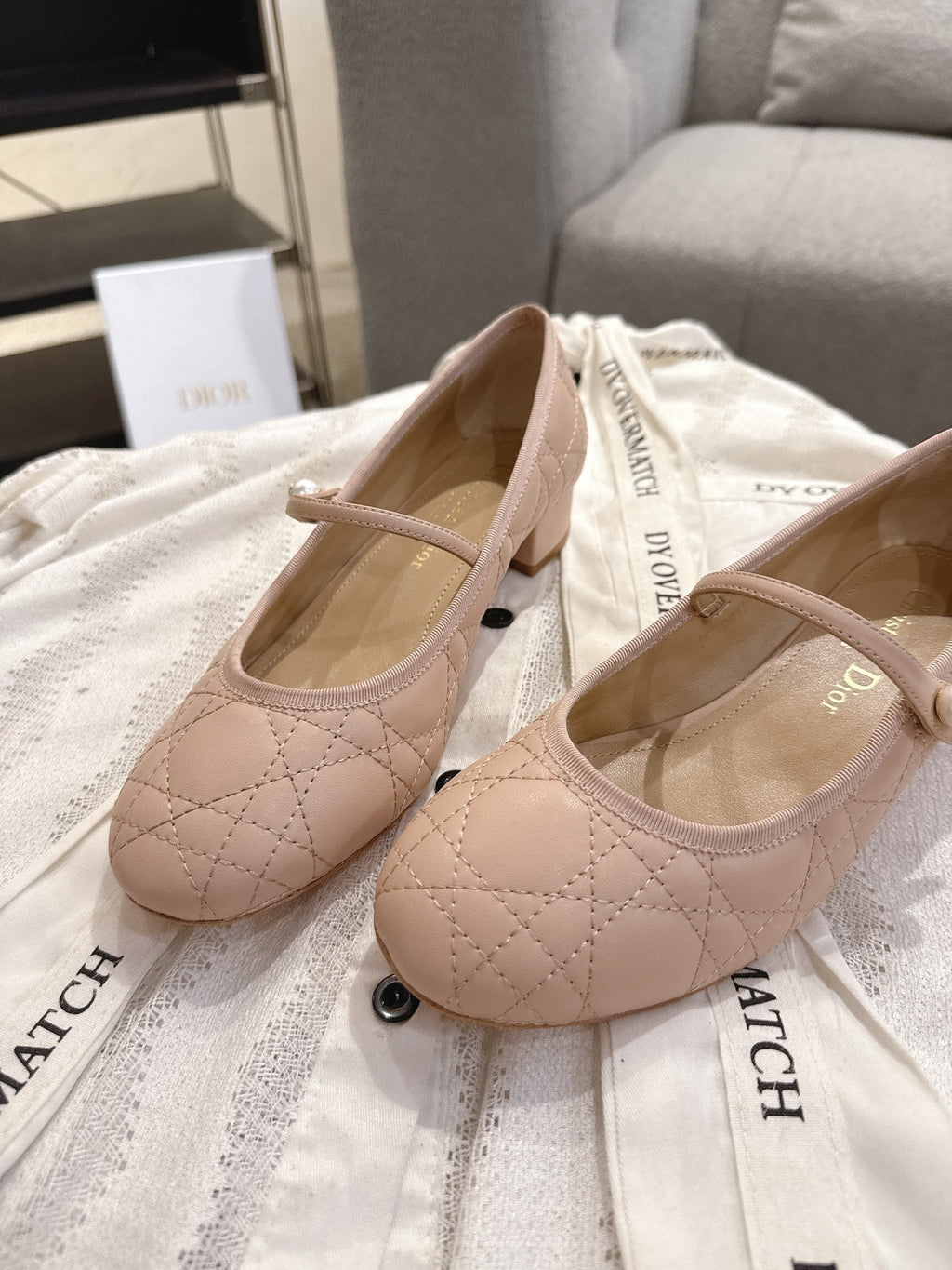 DIOR 26S MARY JANE PUMPS IN NUDE LAMBSKIN PEARL-ADORNED STRAP