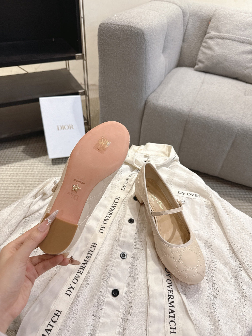 DIOR 26S MARY JANE PUMPS IN BEIGE LAMBSKIN PEARL-ADORNED STRAP