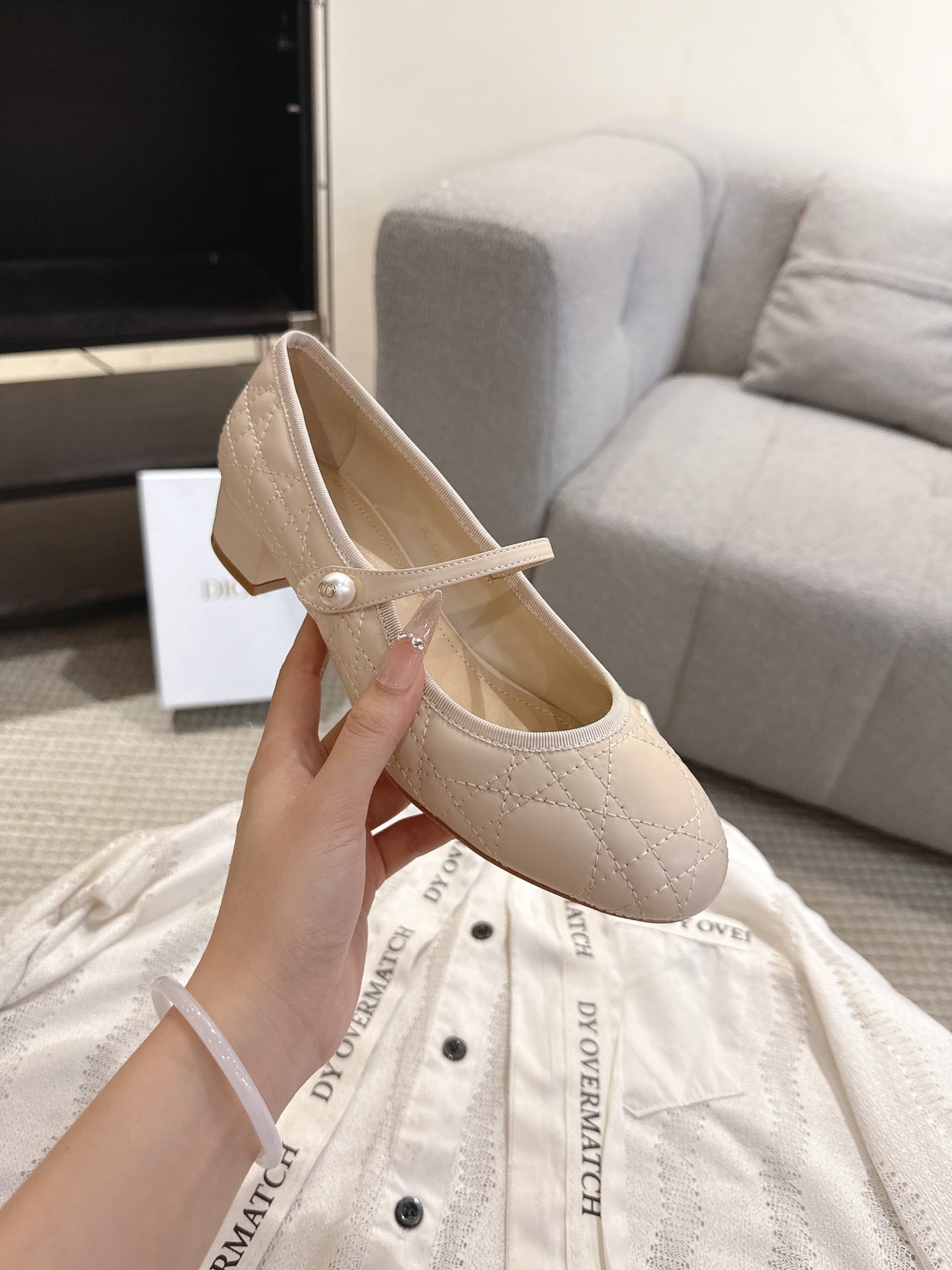 DIOR 26S MARY JANE PUMPS IN BEIGE LAMBSKIN PEARL-ADORNED STRAP