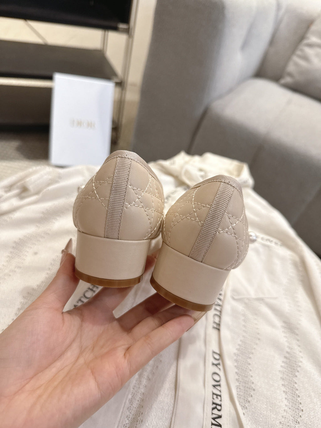DIOR 26S MARY JANE PUMPS IN BEIGE LAMBSKIN PEARL-ADORNED STRAP