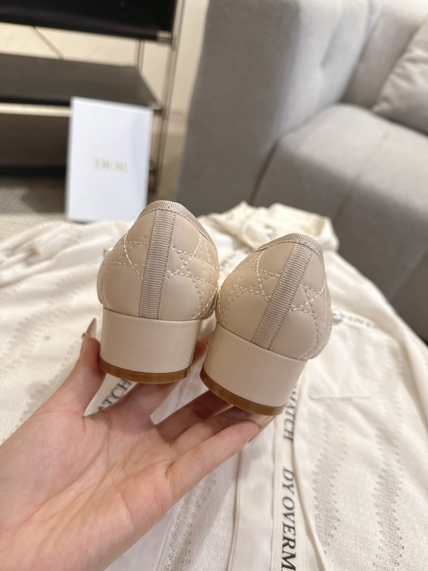 DIOR 26S MARY JANE PUMPS IN BEIGE LAMBSKIN PEARL-ADORNED STRAP