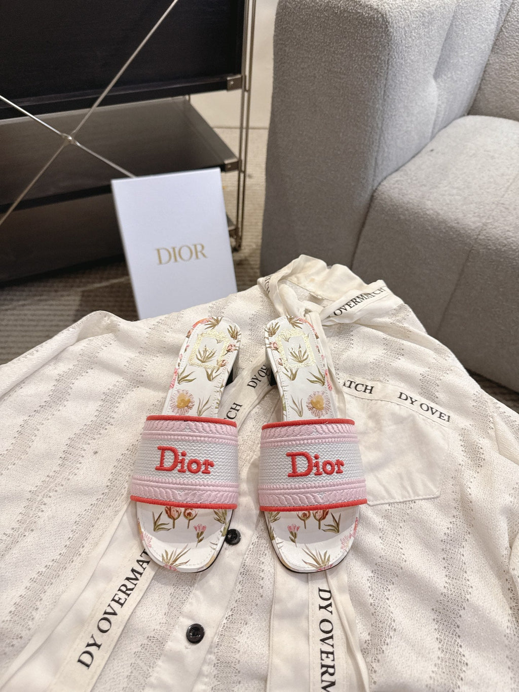 DIOR 26S DWAY FLOWER EDITION HIGH-HEEL SLIDES IN PINK MIX WHITE FABRIC