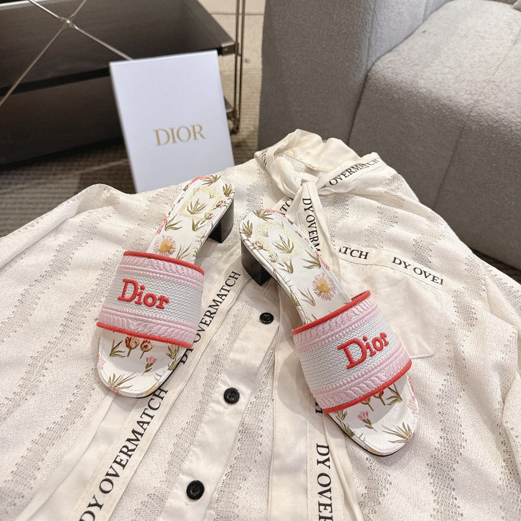 DIOR 26S DWAY FLOWER EDITION HIGH-HEEL SLIDES IN PINK MIX WHITE FABRIC