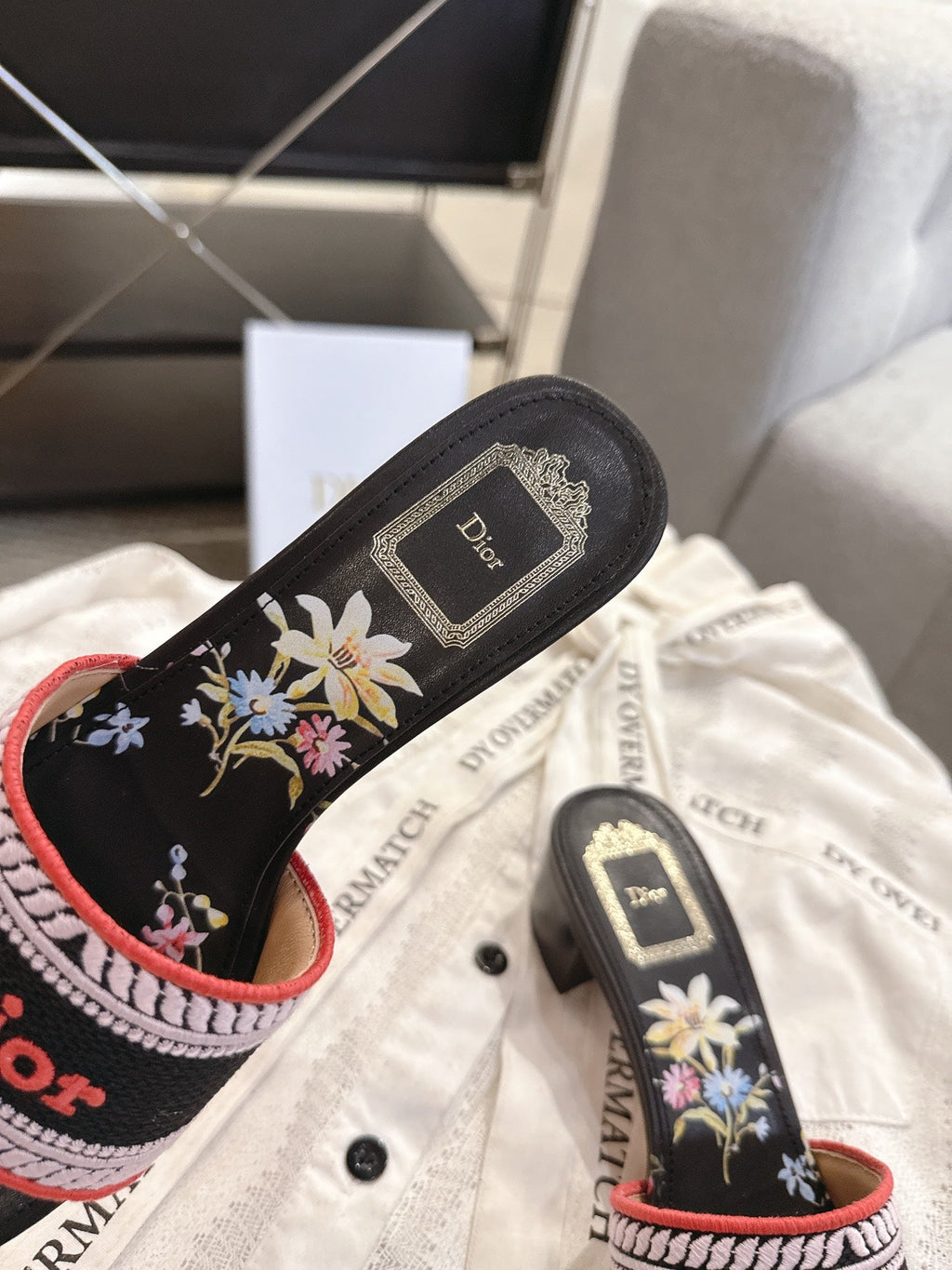 DIOR 26S DWAY FLOWER EDITION HIGH-HEEL SLIDES IN BLACK FABRIC