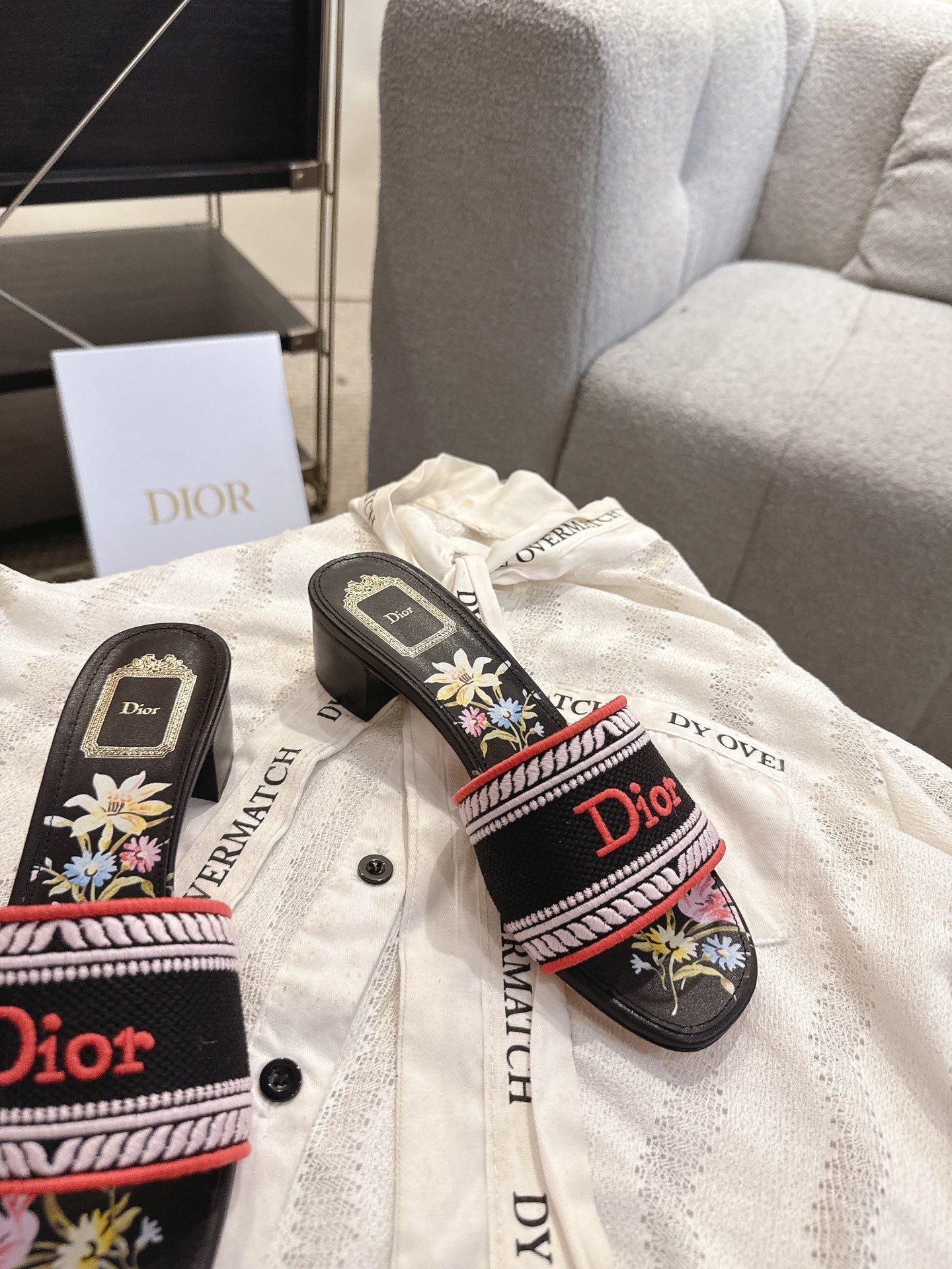 DIOR 26S DWAY FLOWER EDITION HIGH-HEEL SLIDES IN BLACK FABRIC