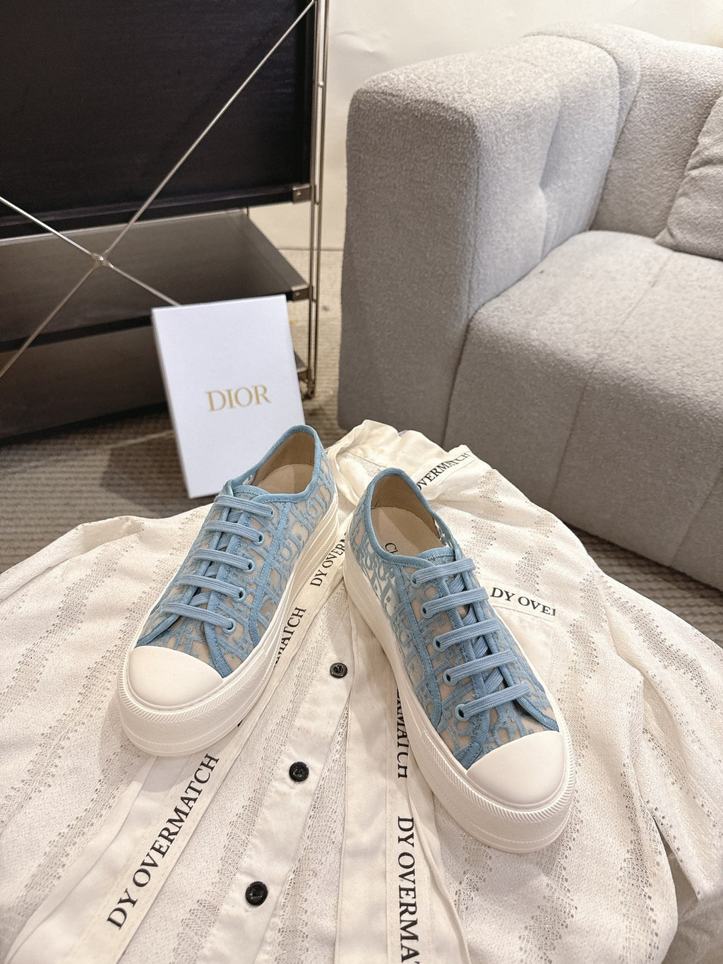 DIOR 26S PLATFORM SNEAKERS IN SKY BLUE OBLIQUE EMBROIDERED MESH