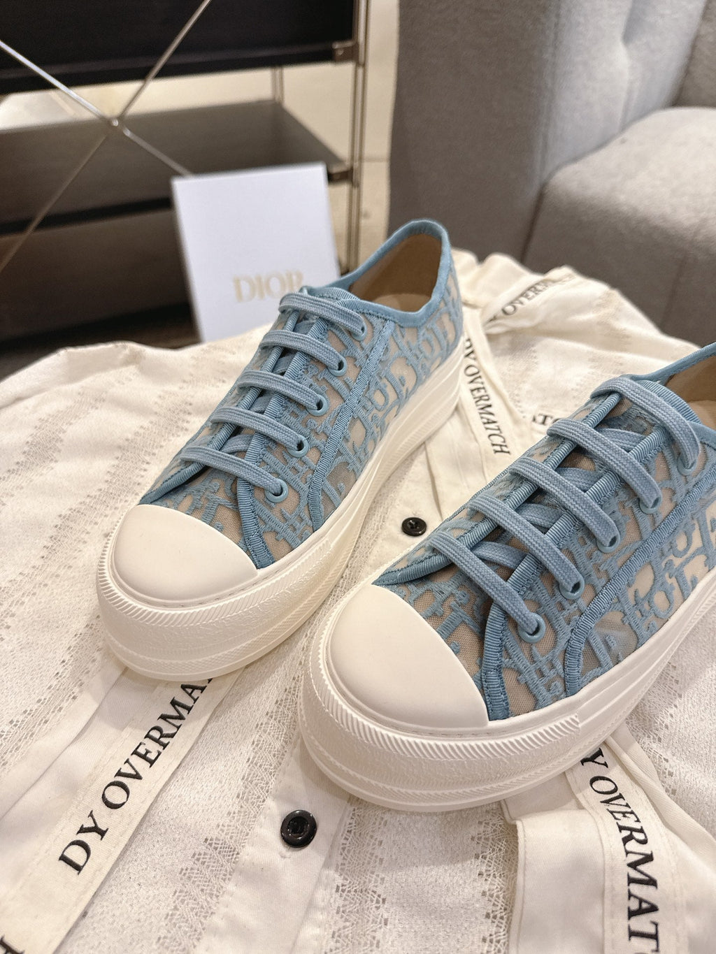 DIOR 26S PLATFORM SNEAKERS IN SKY BLUE OBLIQUE EMBROIDERED MESH