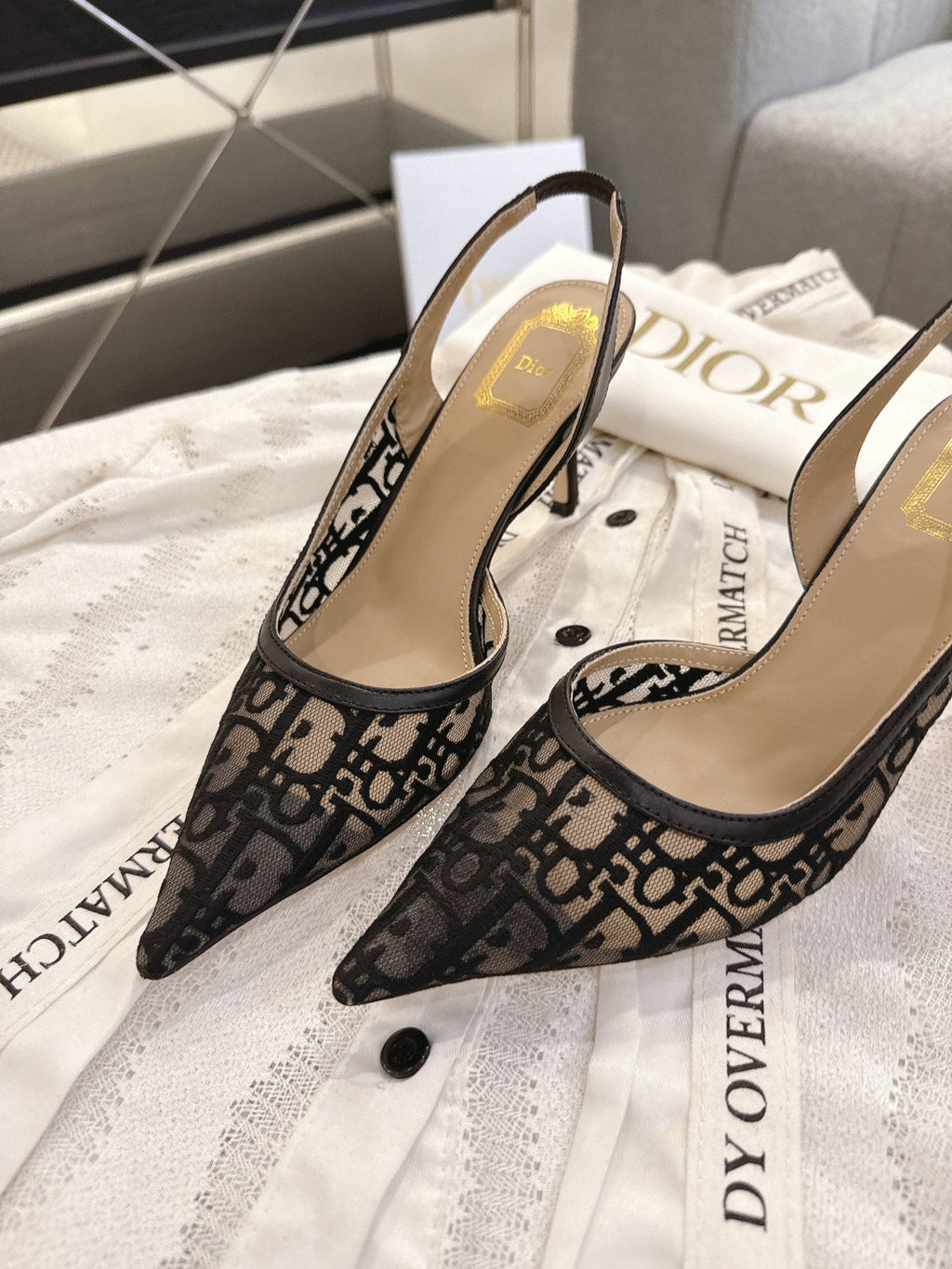 DIOR 26S HIGH-HEEL SLINGBACKS 80 MM IN BLACK OBLIQUE EMBROIDERED MESH