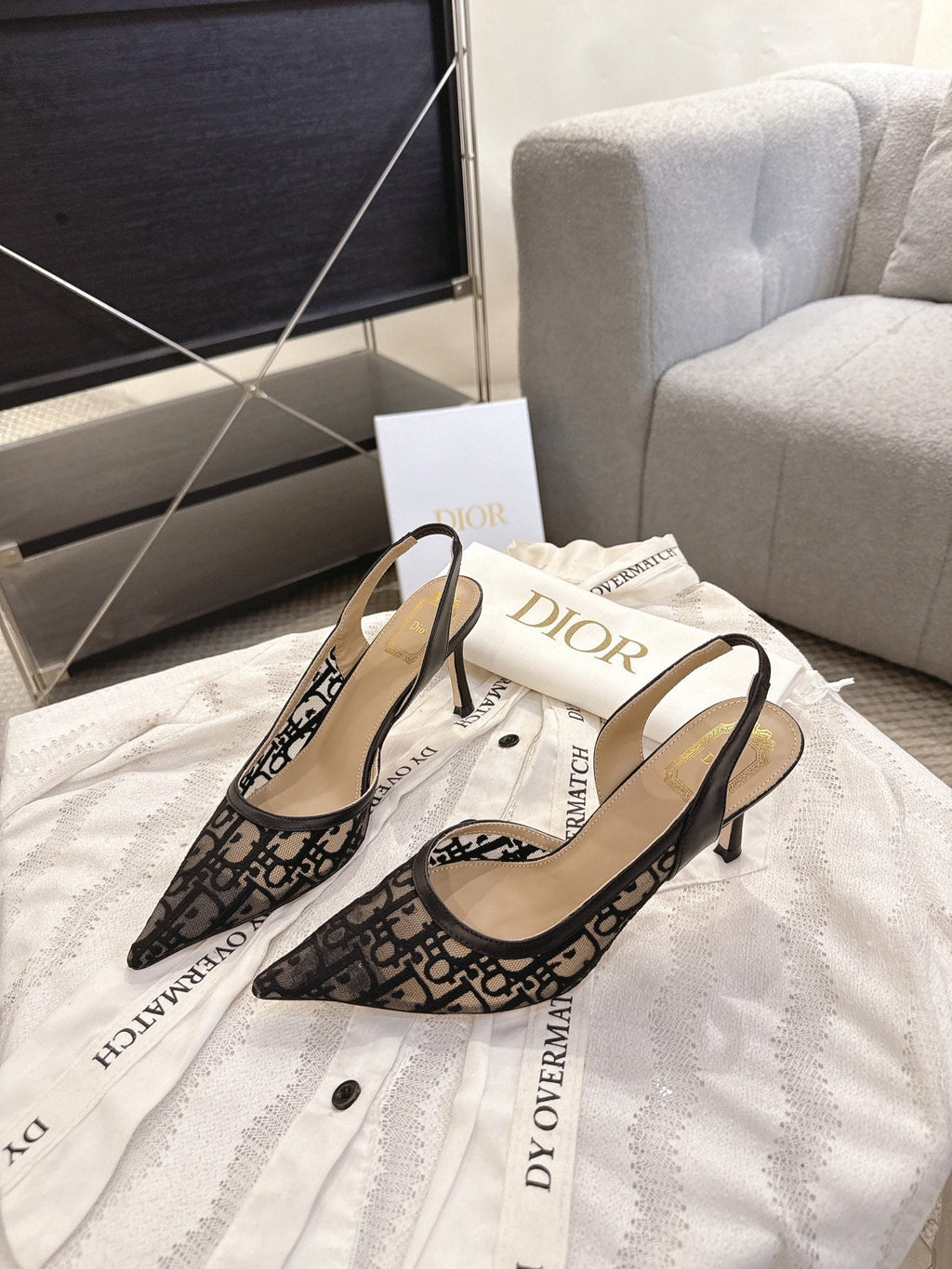 DIOR 26S HIGH-HEEL SLINGBACKS 80 MM IN BLACK OBLIQUE EMBROIDERED MESH