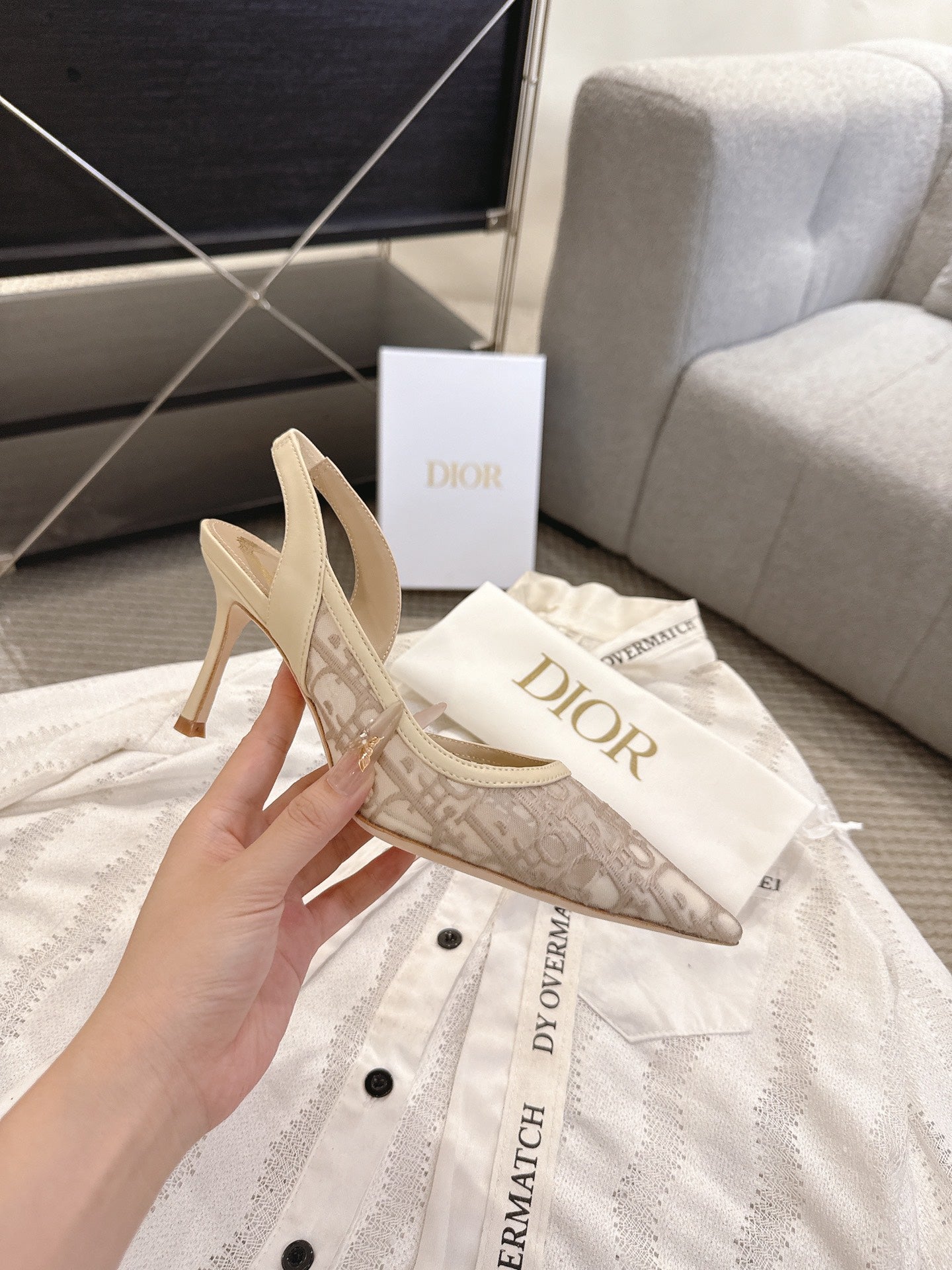 DIOR 26S HIGH-HEEL SLINGBACKS 80 MM IN BEIGE OBLIQUE EMBROIDERED MESH