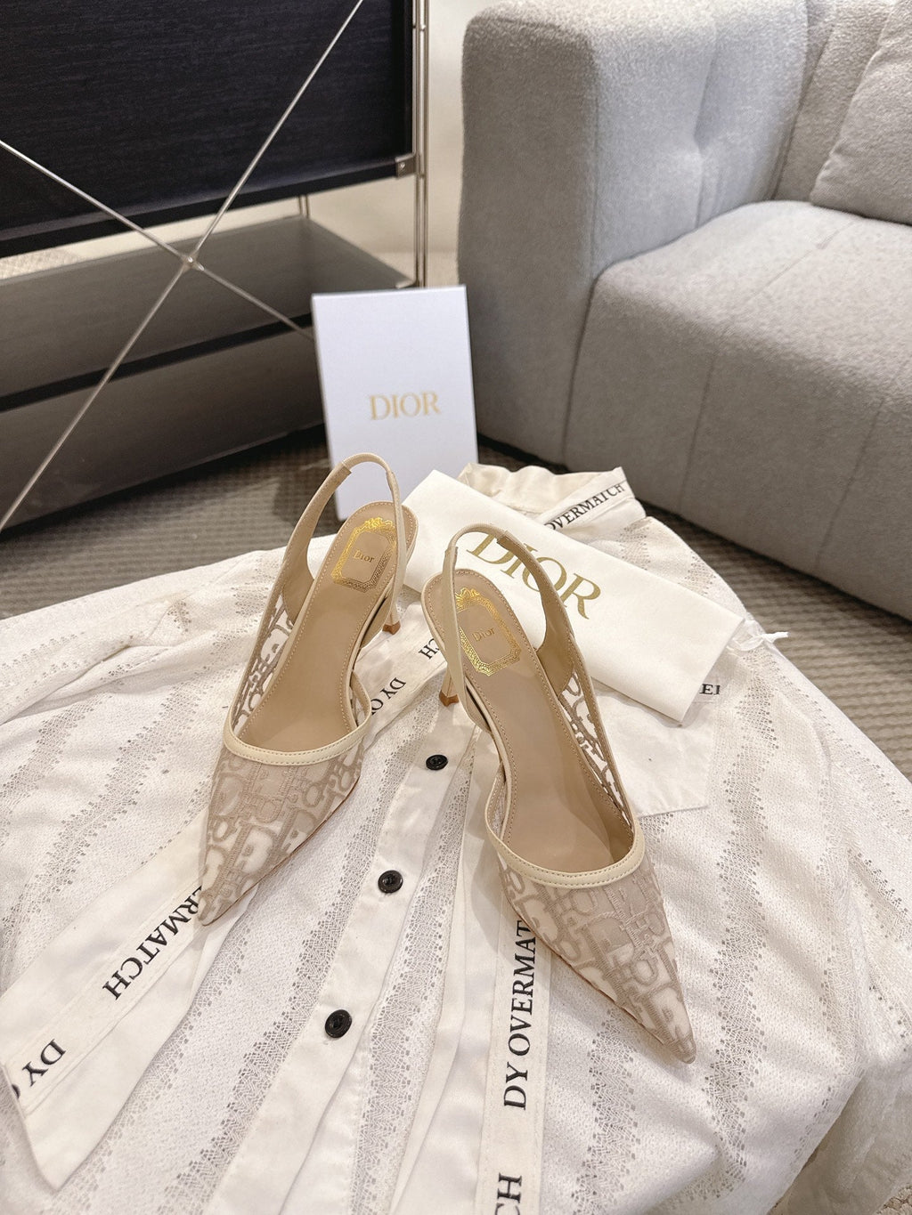 DIOR 26S HIGH-HEEL SLINGBACKS 80 MM IN BEIGE OBLIQUE EMBROIDERED MESH