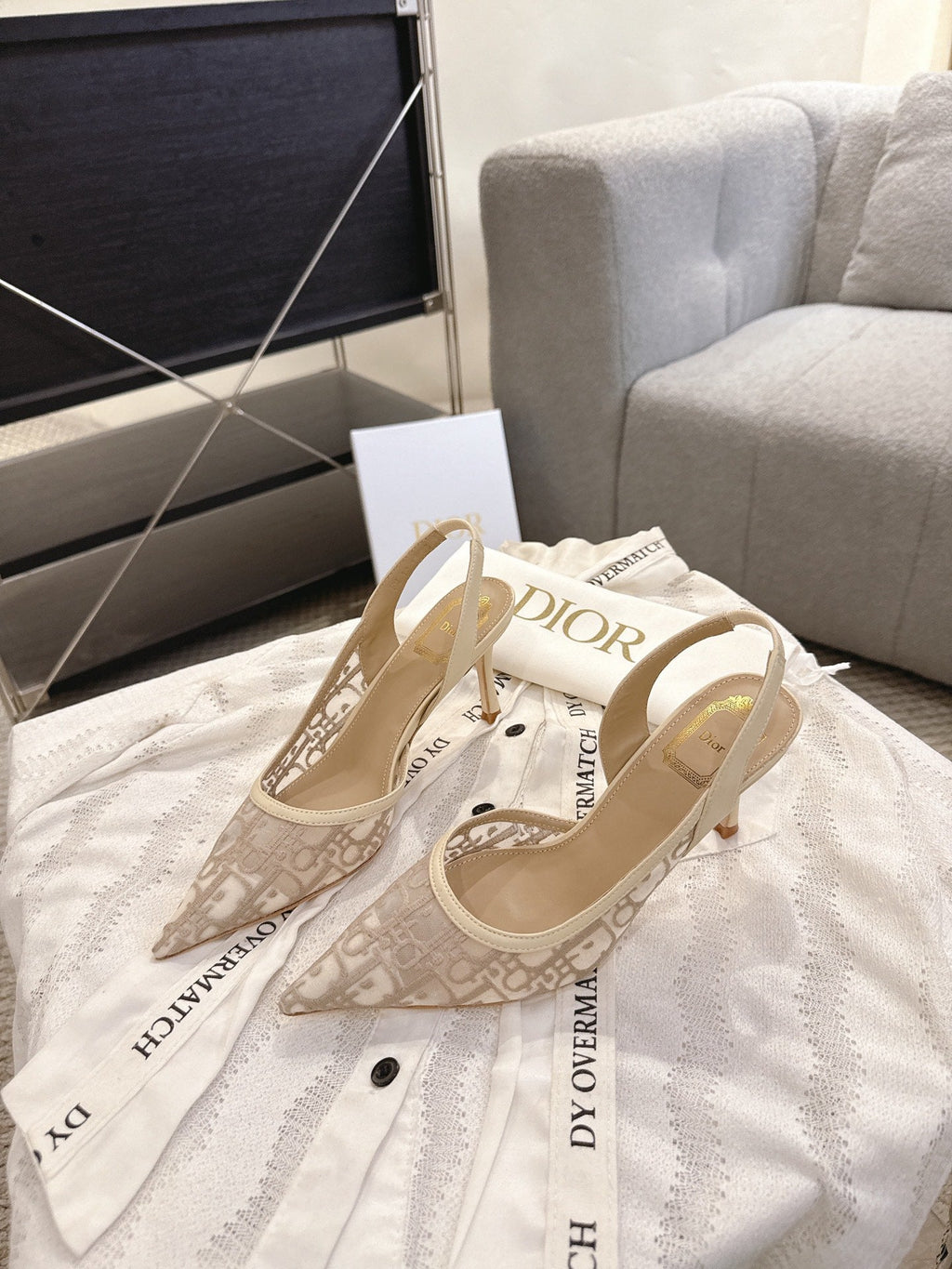 DIOR 26S HIGH-HEEL SLINGBACKS 80 MM IN BEIGE OBLIQUE EMBROIDERED MESH