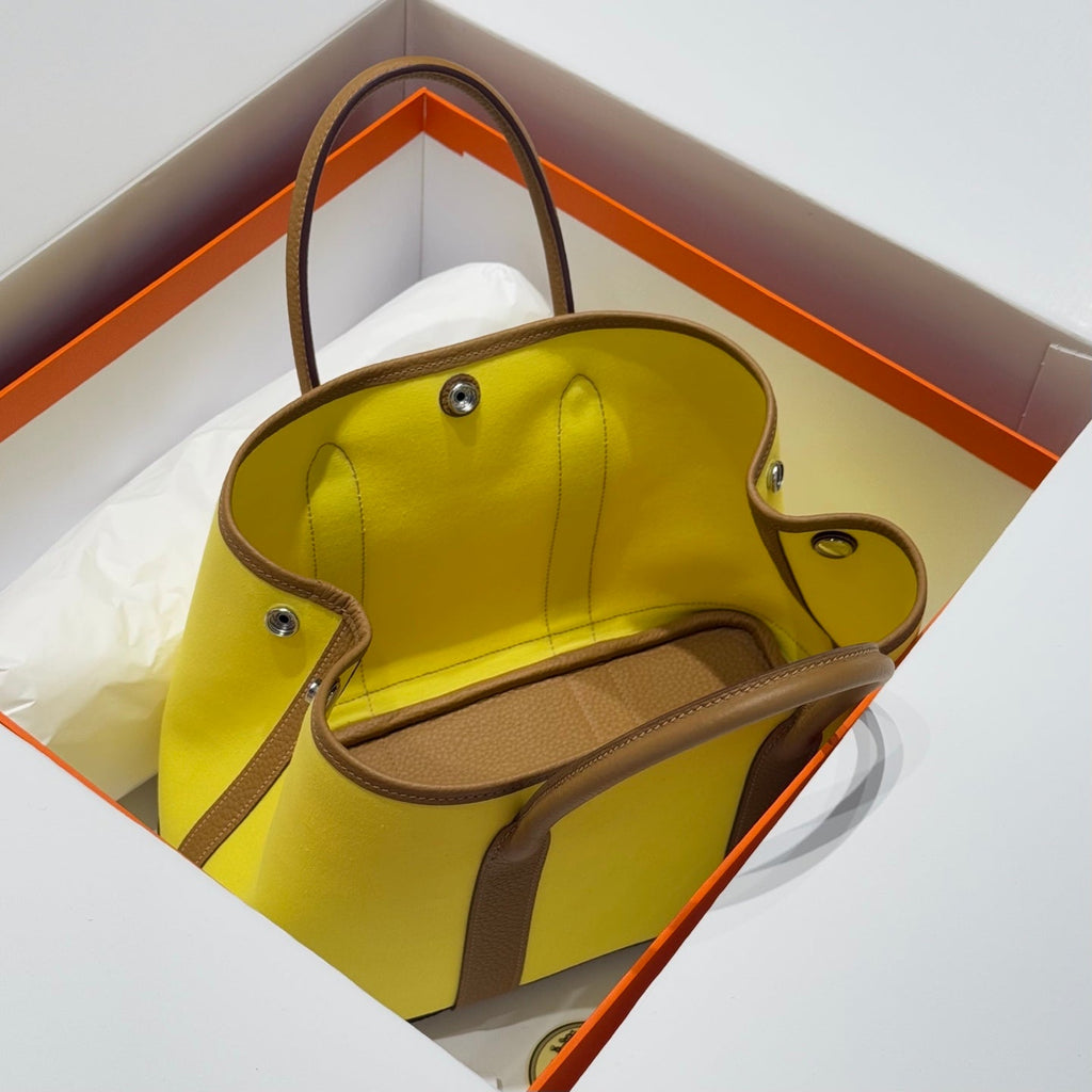 GARDEN PARTY 30CM IN YELLOW TOILETS COTTON CANVAS AND BEIGE MARFA CALFSKIN