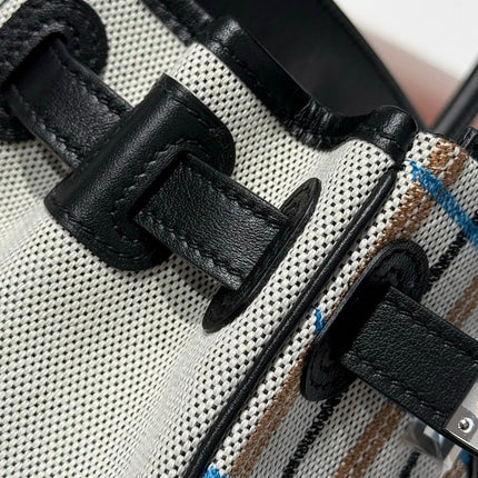 BIRKIN SHOULDER 29 IN BLACK CALFSKIN ÉCRU/NOIR/FAUVE/NOIR/BLEU ZANZIBAR EMBROIDERY PLAID CANVAS