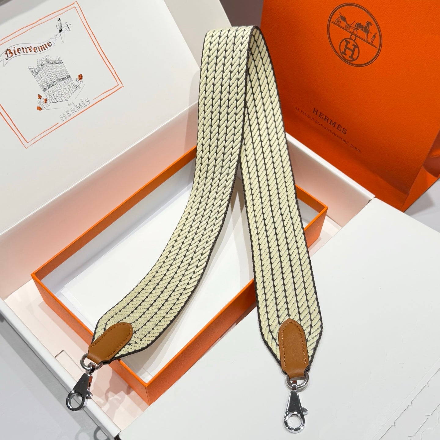 25S HERMES BAG STRAP LIGHT YELLOW 85 IN CANVAS SILVER HARDWARE