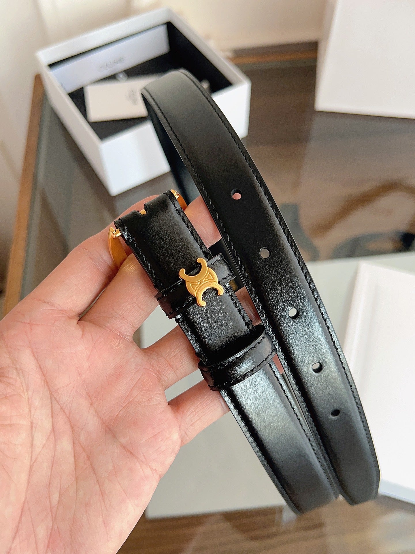 TRIOMPHE BELT 2.5 CM IN BLACK CALFSKIN GOLD HARDWARE 603266