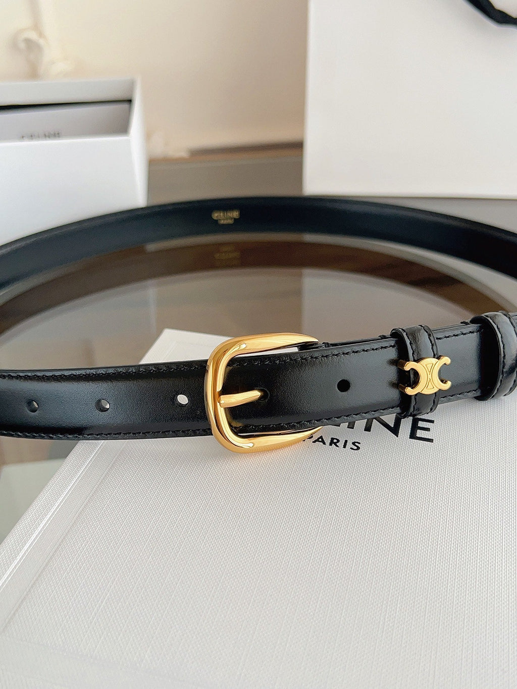 TRIOMPHE BELT 2.5 CM IN BLACK CALFSKIN GOLD HARDWARE 603266