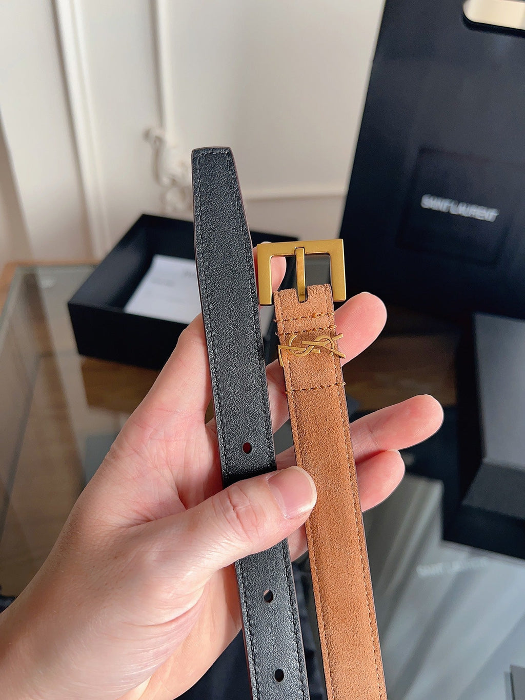 YSL 25S BELT 20 MM IN CARAMEL BROWN SUEDE 616310