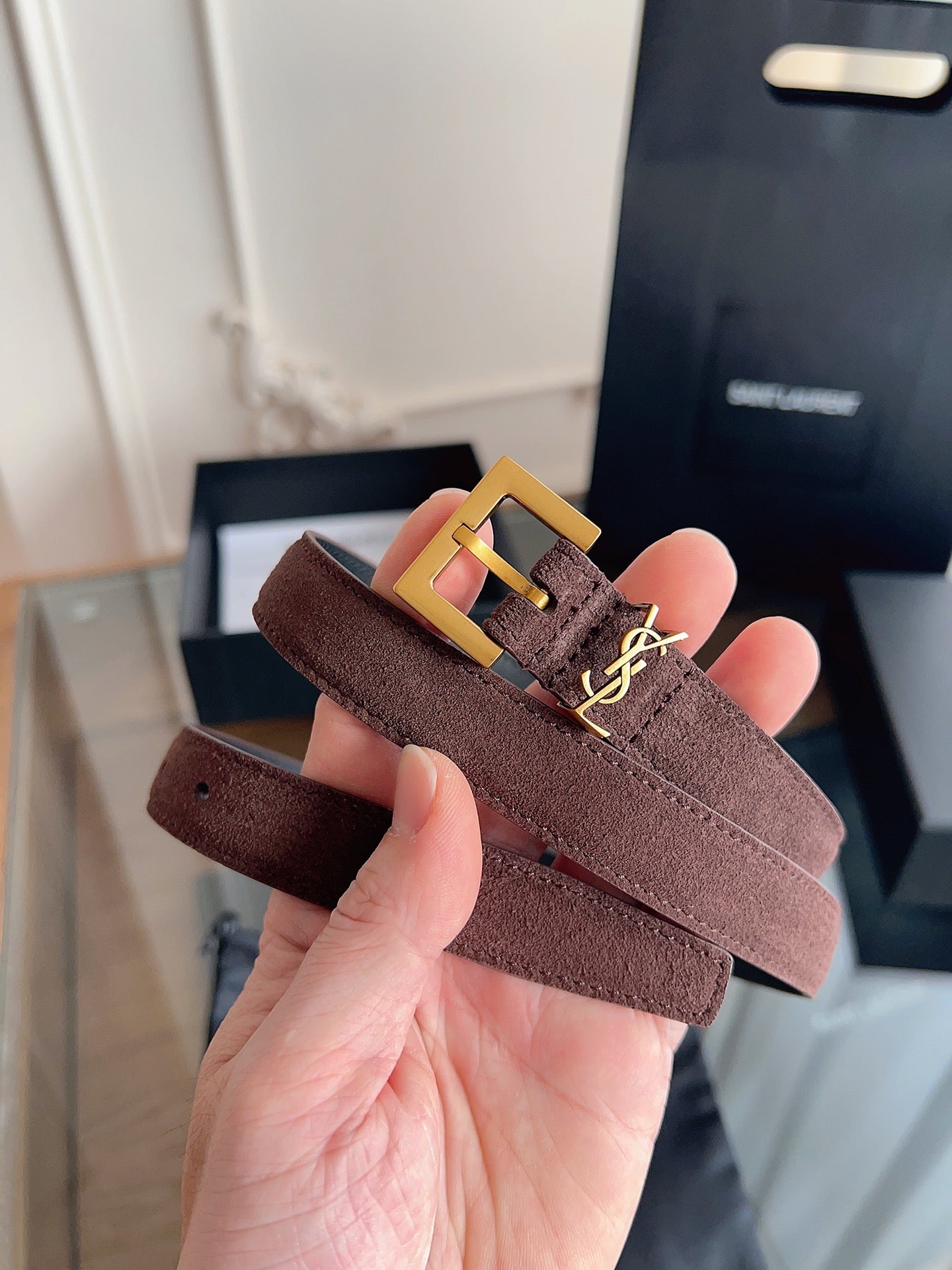 YSL 25S BELT 20 MM IN ASH BROWN SUEDE WITH GOLD HARDWARE 616311