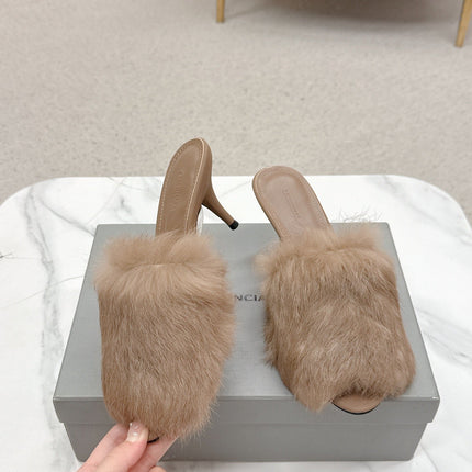 BALENCIAGA 25S HIGH HEEL SANDALS 65 MM IN LIGHT BROWN LAMBSKIN AND FUR