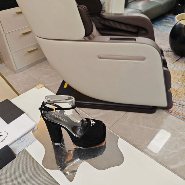 PRADA 26S HEELED SANDALS 135MM IN BLACK SUEDE