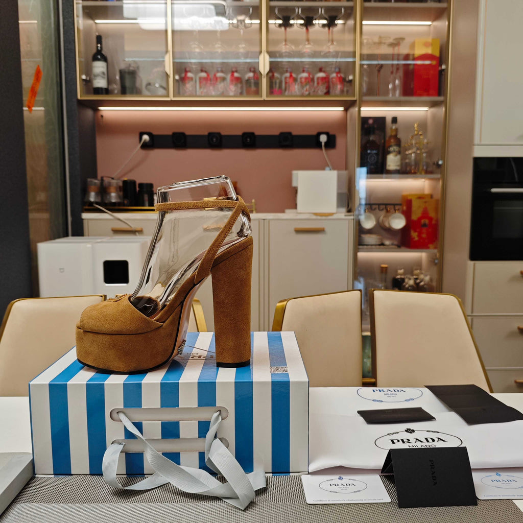 PRADA 26S HEELED SANDALS 135MM IN CARAMEL BROWN SUEDE